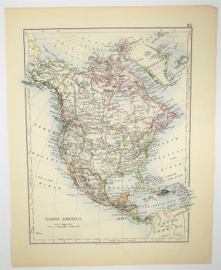 1895 Antique North America Hand Colored Map - Old Print - Vintage Us Canada Art