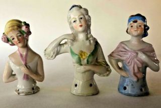 Antique/vintage 3 Porcelaine Pincushion Arms Away Half Dolls