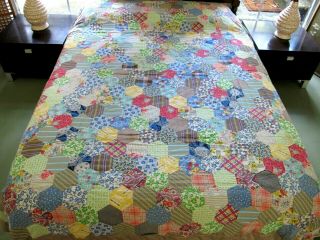 Outstanding Vintage Hand Pieced Feed Sack Honeycomb Hexie Quilt Top; 86 " X 74 "