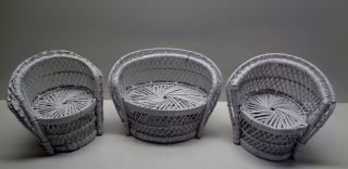 Vintage American 18 " Doll Bear White Wicker Patio Furniture Loveseat & 2 Chairs