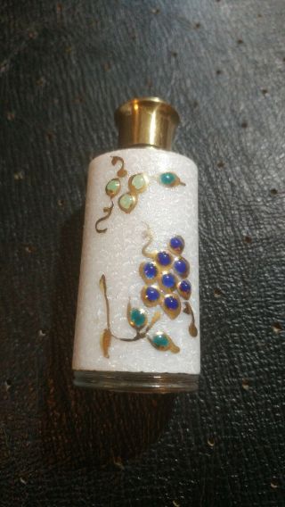 Vintage Guilloche Enamel Miniature Perfume Bottle Hand Painted Grapes