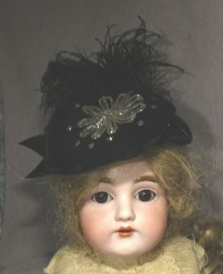 Vintage Doll Hat - Bonnet - Black Velvet W/beading,  Feathers & Ribbons