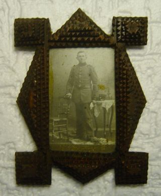 Antique German Carved 4 Layer Wood Tramp Art Picture Frame With Soldier Photo