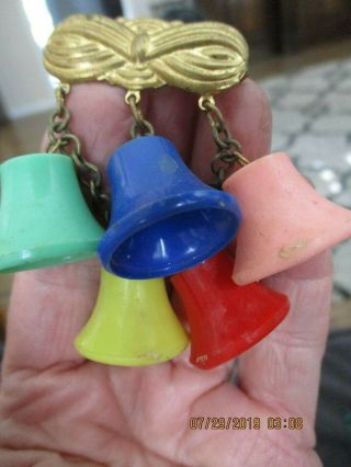 Vintage Plastic,  Metal Red,  Green,  Blue,  Yellow,  Pink Christmas Bells Dangle Brooch