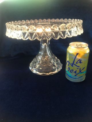Vintage Heavy Brilliant Cut Glass Cake Stand Double Scalloped Rim High Standard 3