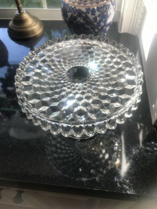 Vintage Heavy Brilliant Cut Glass Cake Stand Double Scalloped Rim High Standard 8