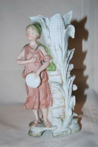 Antique German Bisque Figurine Spill Vase Gypsy With Tambourine Ear Of Corn