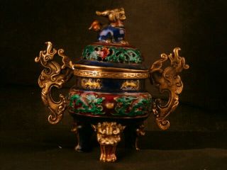 Chinese Qing Dy Brass Dragon 3feet Incense Burner W/beast Cover Y127