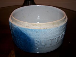 Antique Hull Pottery Apricot Pattern Blue & White Salt Glaze Butter Crock Bottom