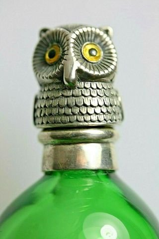 Mary Gregory Emerald Green Glass Perfume Scent Bottle Silver Owl Bird Top 3