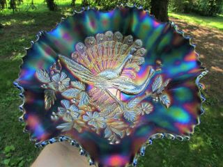 Northwood Peacocks Antique Carnival Art Glass Ruffled Bowl Blue Rich & Gorgeous
