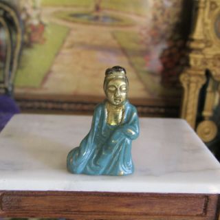 Vtg Miniature Green Gold Metal Buddha Figurine Dollhouse Buddhist Statue Brass?