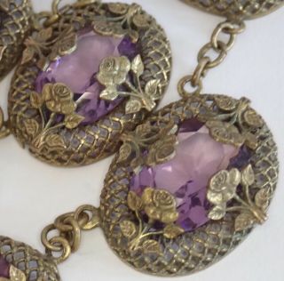 Antique Art Deco Brass Filigree Amethyst Purple Czech Glass Flower Necklace