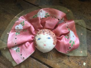 Antique Doll Head Pin Cushion With Pink Hand Painted Satin Tulle Netting Sequins