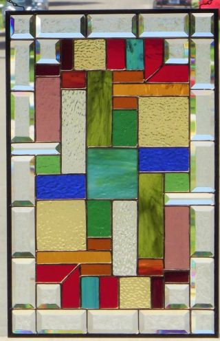 •colorful World •beveled Stained Glass Window Panel • 25 1/2 " X 16 1/2