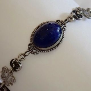 Antique Art Deco Sterling Silver Filigree Faux Lapis Lazuli Art Glass Bracelet