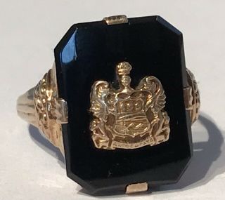 Antique Vintage 10k Solid Gold Black Onyx Insignia Ring 3.  1 Grams Size 6.  75