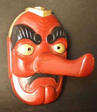 Antique Japanese Red Tengu Mask Long Nose Goblin Noh Kagura Wood Carving