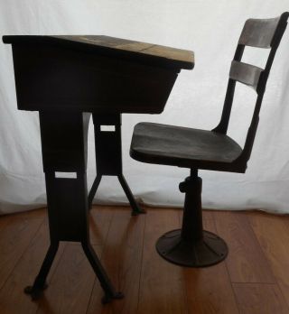 Antique School Wood Desk Size 24 " W X 18 " Deep X 29 " H & Cast Iron Wood Chair