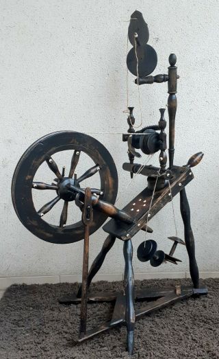 Antique Unique Spinning Wheel With Bone Encrustations 1888,  2 Bobbins