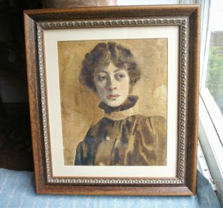 Old Antique Watercolour Painting Art Nouveau Girl By Titled Acorn Portrait Lady