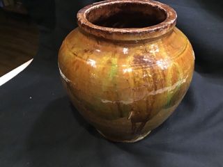 Antique 19th Century Terracotta Redware French Confit Pot With Colorful Glaze