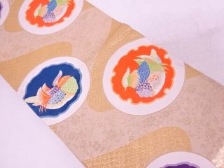 89068 Japanese Kimono / Antique Fukuro Obi / Gold Foil / Woven Mandarin Duck