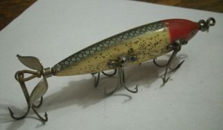 8) Old Wood Vintage Heddon 150 Dowagiac 5 Hook Fishing Lure,  Rare Red Silver