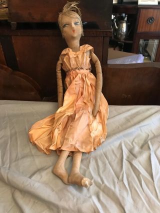 Antique French Flapper Boudoir Bed Doll 28” Dress Charles Bloom York 1925