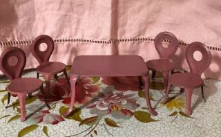 Antique Victorian Doll Furniture Pressed Tin Table And Chair Set Toy