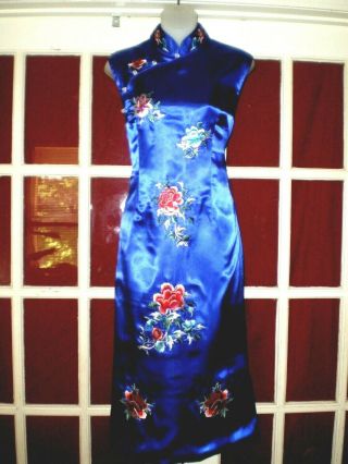 Stunning Vtg Chinese Blue Silk Cheongsam Dress W/embroidered Flowers Sz L