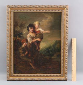 19thc Antique Oil Painting,  Poor Peasant Mother & Children In Landscape,  Nr