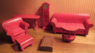 Vintage Strombecker Dollhouse - - Red Paint - Wooden - - Miniature - - Livingroom Furniture
