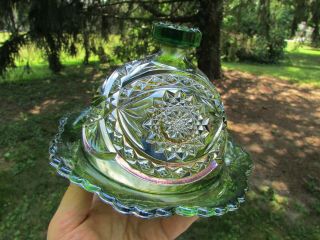 Imperial Hobstar Antique Carnival Art Glass Covered Butter Dish Green A Beauty