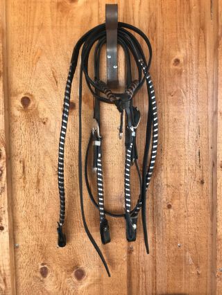Vintage Silver Headstall Bridle With Reins Western Leather Browband
