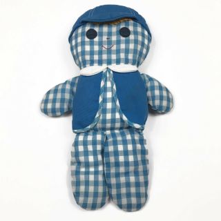 Vintage Fisher Price 1977 Cholly Rattle Doll 419 Blue White Gingham Cloth Boy