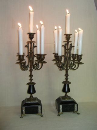 Pair Antique French Bronze And Marble 5 Branch Candlesticks,  Candelabra C.  1880