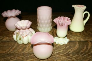 6 Early Peach Blow Burmese Crimped Mt.  Washington Satin Glass Vases Mug Pitcher