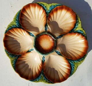 ANTIQUE French Majolica Oyster Plate Sarreguemines 1910 PINK BLUE CORAL GREEN 2