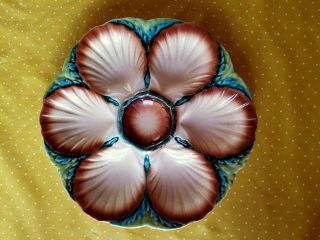 ANTIQUE French Majolica Oyster Plate Sarreguemines 1910 PINK BLUE CORAL GREEN 8