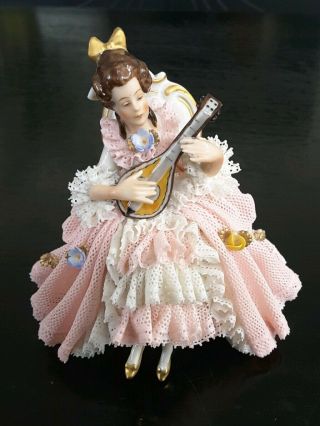 Antique Victorian Dresden Lace Figurine Woman Seated Playing Lute 3.  5 "