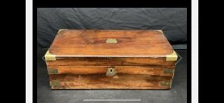 Antique Rosewood & Brass Folding Box,  Lap Desk,  Officers Box,  With Key Rare
