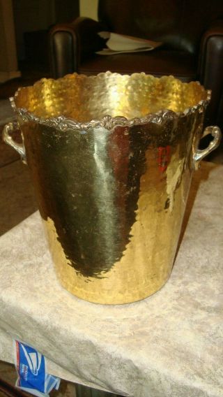 Vintage Hampton Brass Trash Can Brass Hammered Double Handles Floral Trim Heavy 2
