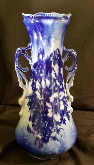 Vintage/antique Flow Blue Double Handled Vase - 11 1/2 " H