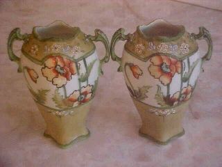 2 Antique Nippon 2 Handle Poppy Porcelain Vases 5 1/2 " Moriage Hand Painted