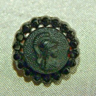 Antique Faceted Jet Black Glass Button Pierced Open Cameo Of Soldier 513 - A