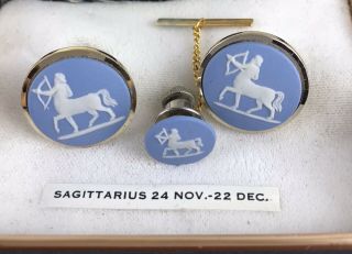Vintage Wedgwood Sagittarius Blue And White Jasperware Cufflinks & Tie Pin Set 2