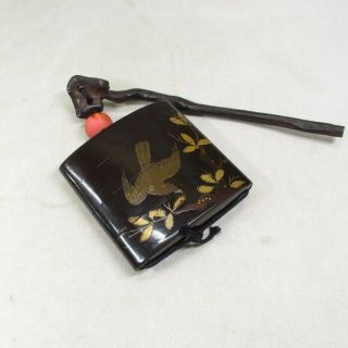 A767 Real Japanese Old Lacquered Pillbox Inro With Makie And Long Sashi - Netsuke