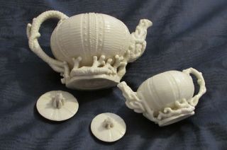 Two Rare Antique Irish Belleek porcelain echinus 1st Period black mark tea pots 3