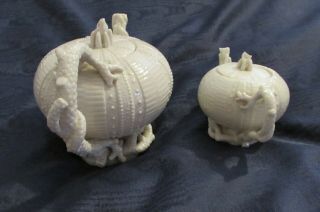 Two Rare Antique Irish Belleek porcelain echinus 1st Period black mark tea pots 7
